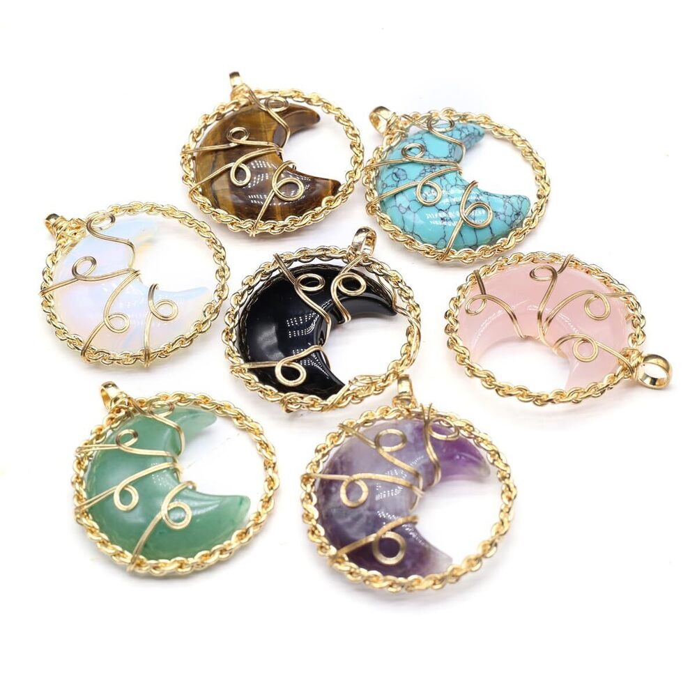 2464 8 Pcs Natural Stone Pendants Random Moon Shape Healing Crystal Agate